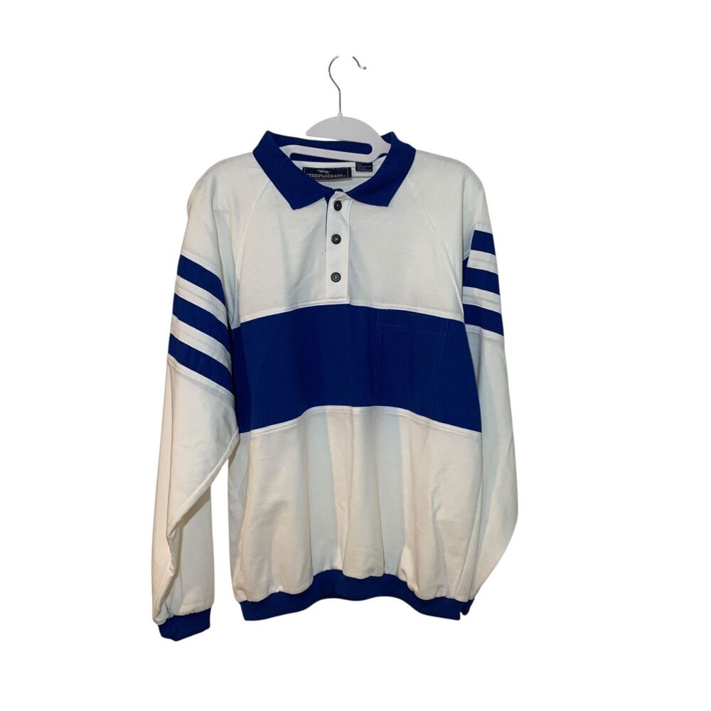 Vintage Steeplechase Mens Blue White Long Sleeve Polo Shirt Banded Waist L